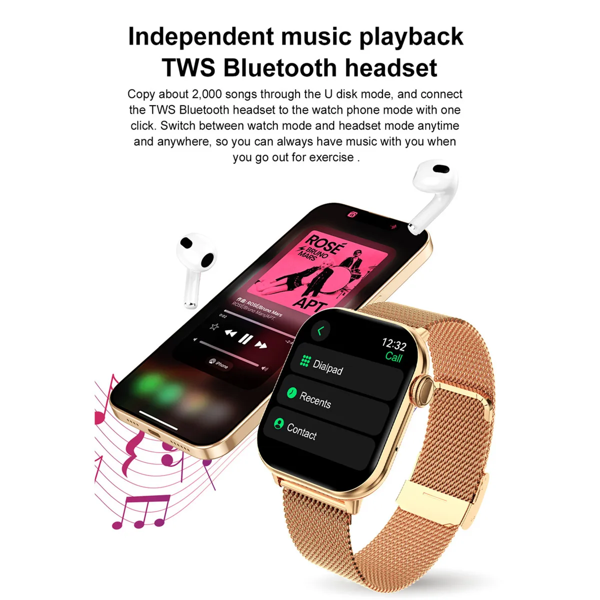 ساعة ذكية باللون الذهبي الوردي 4 جيجابايت/ROM خريطة الملاحة TWS سماعة توصيل Whatsapp Reply بلوتوث مكالمة صوت مساعد ساعة ذكية 2025 #5