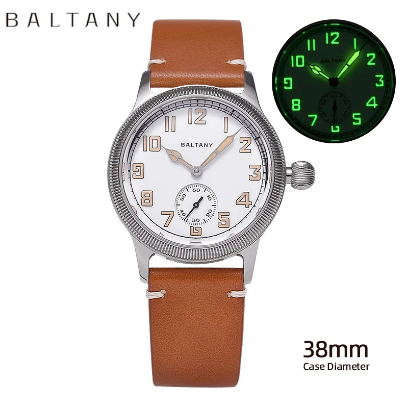 Baltany WW1 Military Trench Retro Watch S2051 Sapphire Leather Strap White Enamel Dial St1701 Homage Automatic Field Watches Men