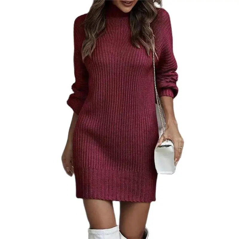 Frauen Einfarbig Pit-streifen Rollkragenpullover Kleider Herbst Winter Langarm Gestrickte Kurze Kleid Weibliche Elegante Casual Kleid