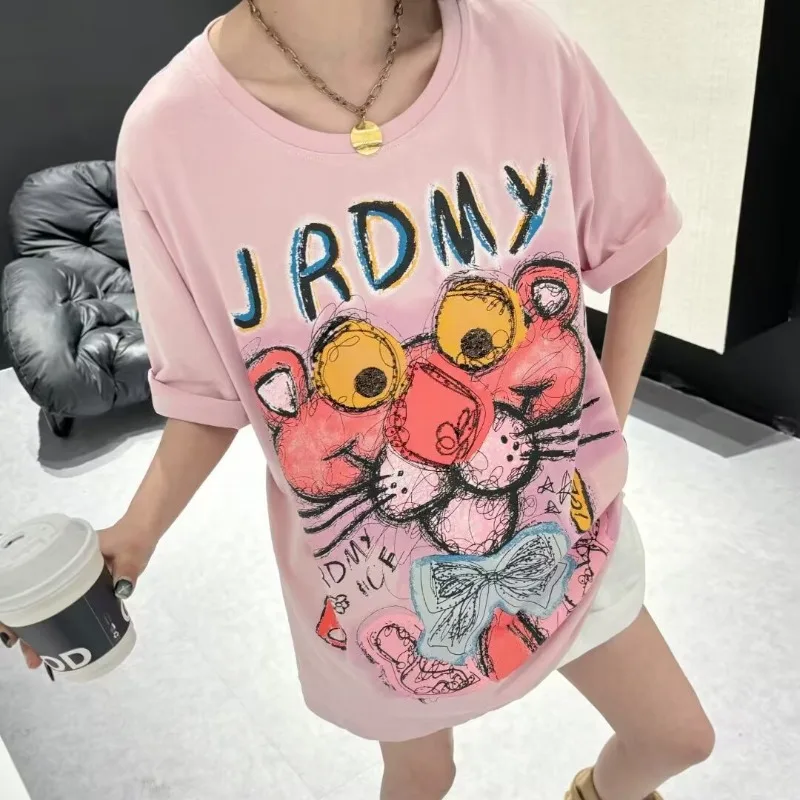 

Kawaii Pink Pure Cotton Summer Oversized T Shirt Cartoon Print Short Sleeved Tshirt Women Loose Casual Short Top Kpop Streetwear