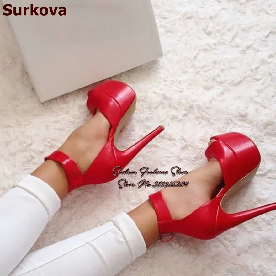 Surkova Red Matte Leather Stiletto Heel Sandals Platform Open Toe Ankle Strap Dress Shoes Sky High Elegant Wedding Pumps