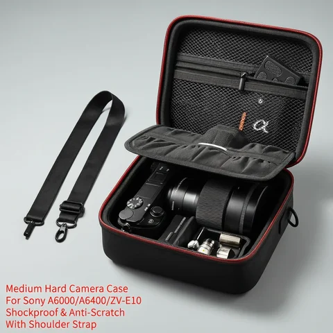 Hard Camera Case for Sony ZV-E10 A6400 A6000 A6100 A6600 A6500 (Medium,Kit Lens Only),Protective Bag with Shoulder Strap & Divid