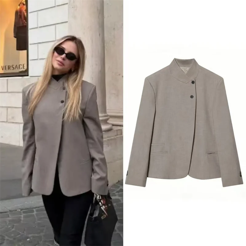 

Women's Jacket 2026 Spring New Gray Long Sleeve Pocket-Decorated Stand Collar Blazer Commuter Fashion Casual Style