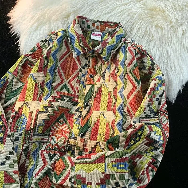 

Retro Ethnic Sle Men's Long Sve irt Loose Fit Color Blo Casual Outerwear Spring Trendy Brand Hip Hop Couple's Wear