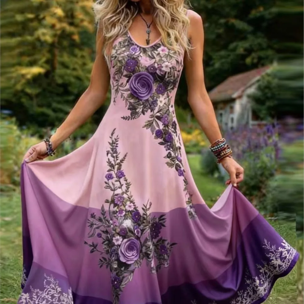 

Новое летнее женское платье макси 2026 года больших размеров без рукавов с V-образным вырезом и принтом, шикарное, мягкое, удобное, длинное платье для повседневной носки, отпуска и вечеринок