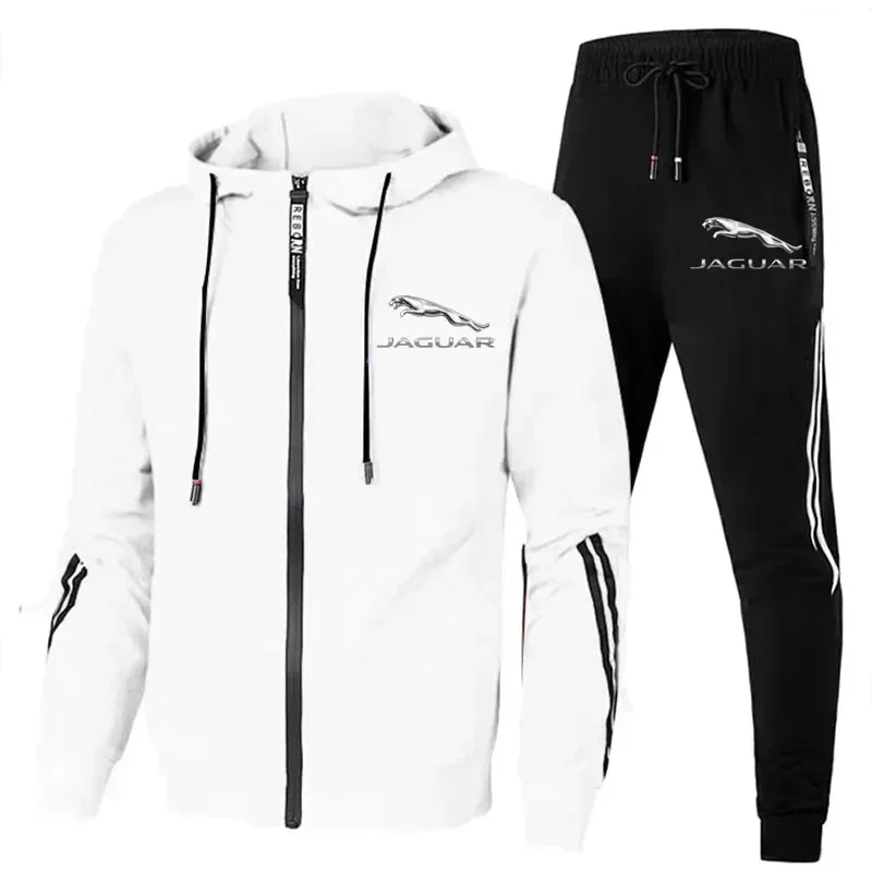 Men Jaguar Car Logo Print 2 Piece Sets Sportswear Zip Hooded Sweatshirt+Pants Gym Running Men Clothing 2024 New Tracksuit