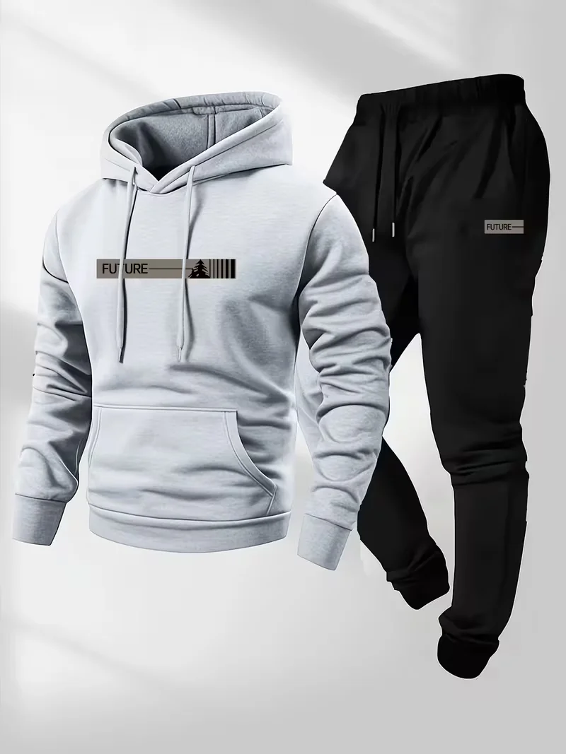 

Cartoon Norwegian letter drawstring hoodie and sweatpants set with micro elastic fabric, pattern design, loose fit men's style,