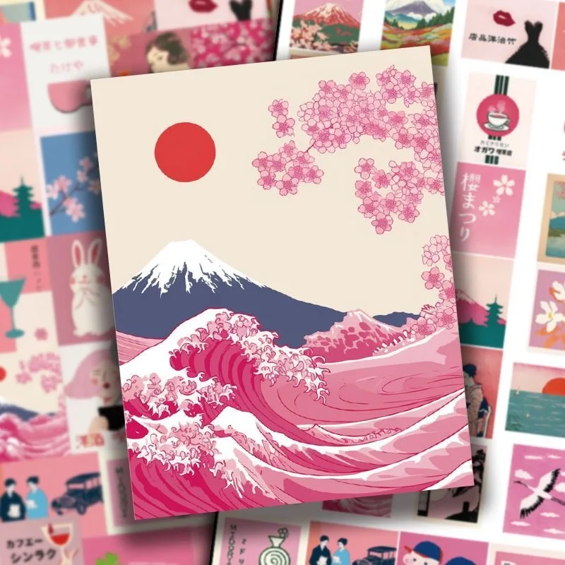 

50Pcs Retro Pink Japanese Aesthetic Art Stickers Red Sun Cherry Blossoms Waves Fuji Mountain Creative Beautiful Waterproof