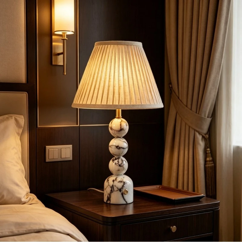 Retro light luxury marble beaded table lamp fabric lampshade bedside lamp