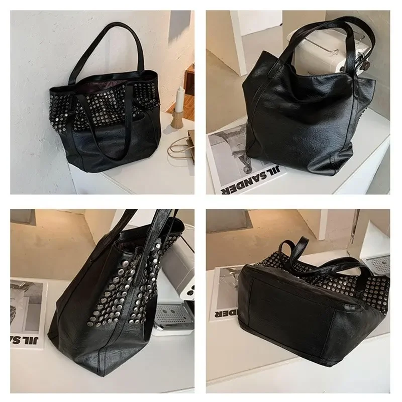 2024 Large Capacity Rivet Designer Women Shoulder Bag Soft Casual Black Female Shopping Bag Lady Hobo Handbag Tote Travel Bag