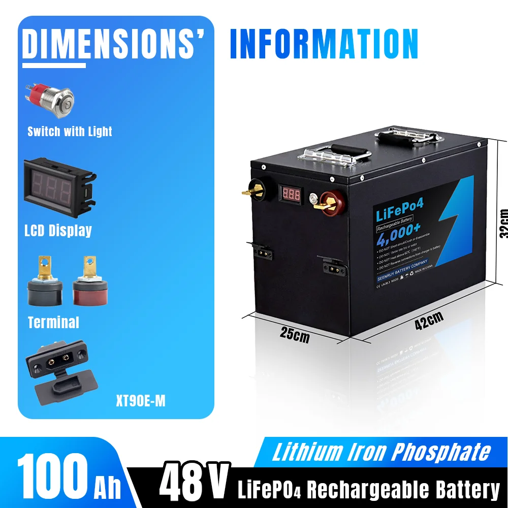 48V 100Ah Lifepo4 Battery Pack Built-in BMS Optional Bluetooth Deep Cycle for RV Solar Energy Tricycle Outdoor