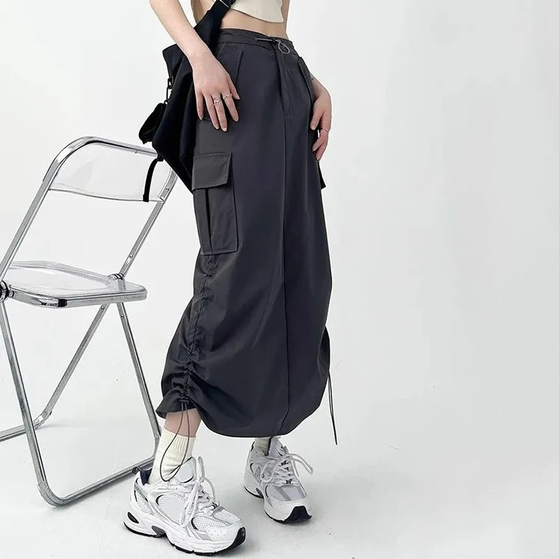 

Rimocy Drawstring High Waisted Cargo Skirts Women Fashion Streetwear Split Midi Skirt Woman Chic Pockets Straight Y2K Skirts