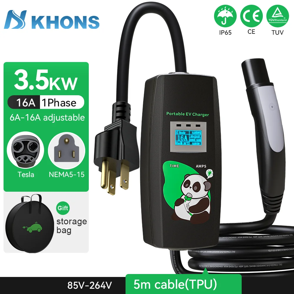 Cargador de vehículo eléctrico Khons, cargador portátil Tesla NACS de 3,5 kW, enchufe de Nema5-15, cargador de vehículo eléctrico para coches Tesla