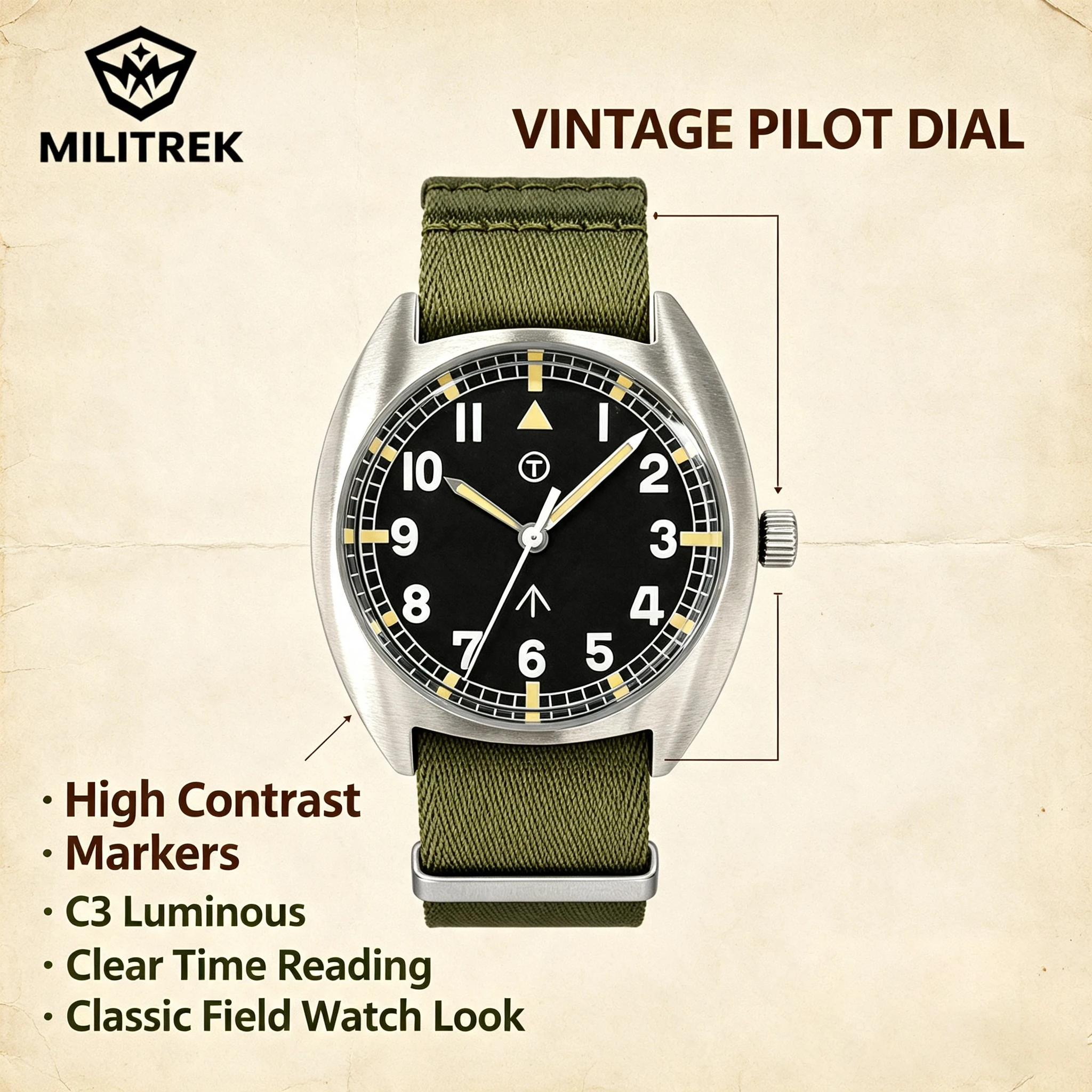 MILITREK MT9004 Retro W10 Military Pilot Watch For Men 38mm VH31 Quartz Movement 10ATM Waterproof Sapphire Crystal Wrist Watch