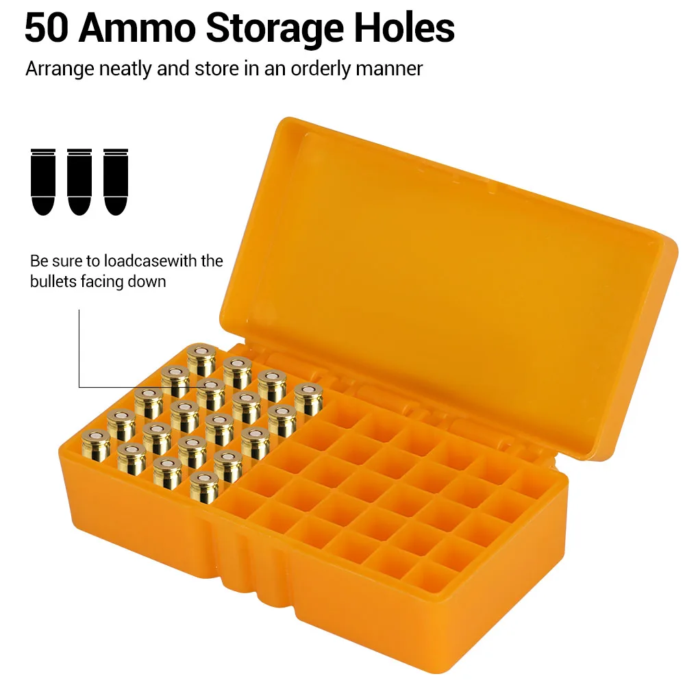 50/100 Rounds Tactical Bullet Box 9mm/.223/.38Super Pistol Rifle Ammo Carry Storage Box Flip-Top Bullets Case Hunting Accessory