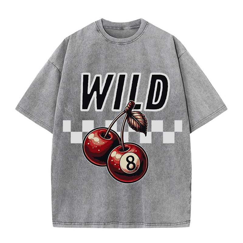 Wild And Cherry Printing Men Washed T-Shirt Soft Casual Short Sleeved Street Distressed T Shirts Cotton O-Neck Breathable Tshirt