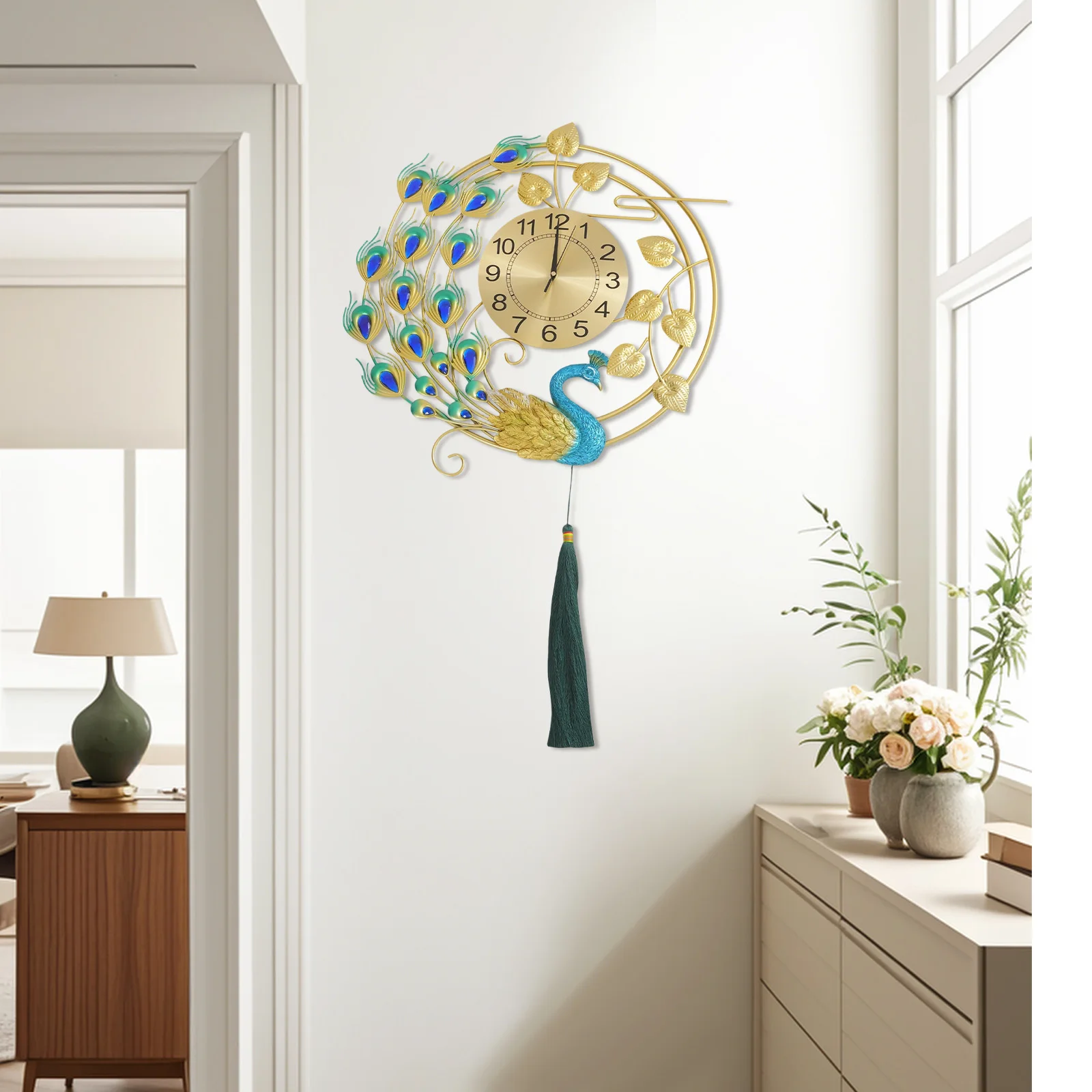 Luxury Large Peacock Wall Clock 3D Silent Quartz Decorative Art Clock for Living Room Bedroom Office, Unique Metal Resin Home Decor Gift with Gold/Blue Option, Rust-Proof Accurate Hanging Wall Watch