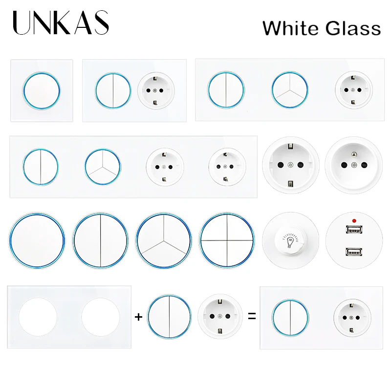 UNKAS White Tempered Glass Panel On / Off Wall Light Switch With Blue Large Aperture Backlight DIY Modules Free Combination