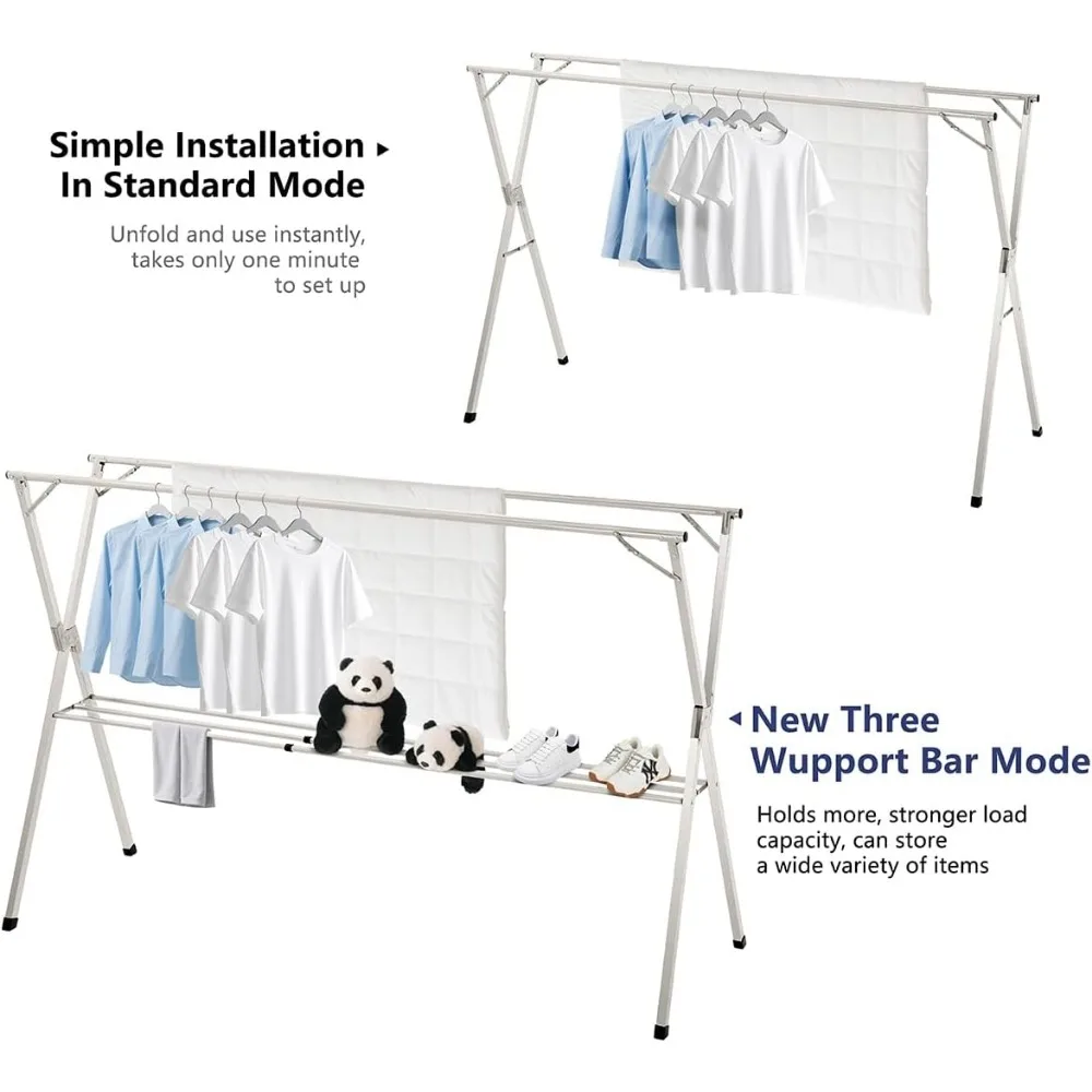 Heavy-Duty Foldable Clothes Drying Rack, 95-Inch Stainless Steel Laundry Rack for Indoor and Outdoor Use, Adjustable Design