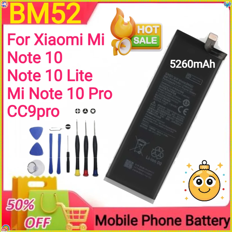 5260mAh BM52 Replacement Battery For Xiaomi Mi Note 10/ Note 10 Lite /Mi Note 10 Pro/CC9pro Mobile Phone batteries +tools