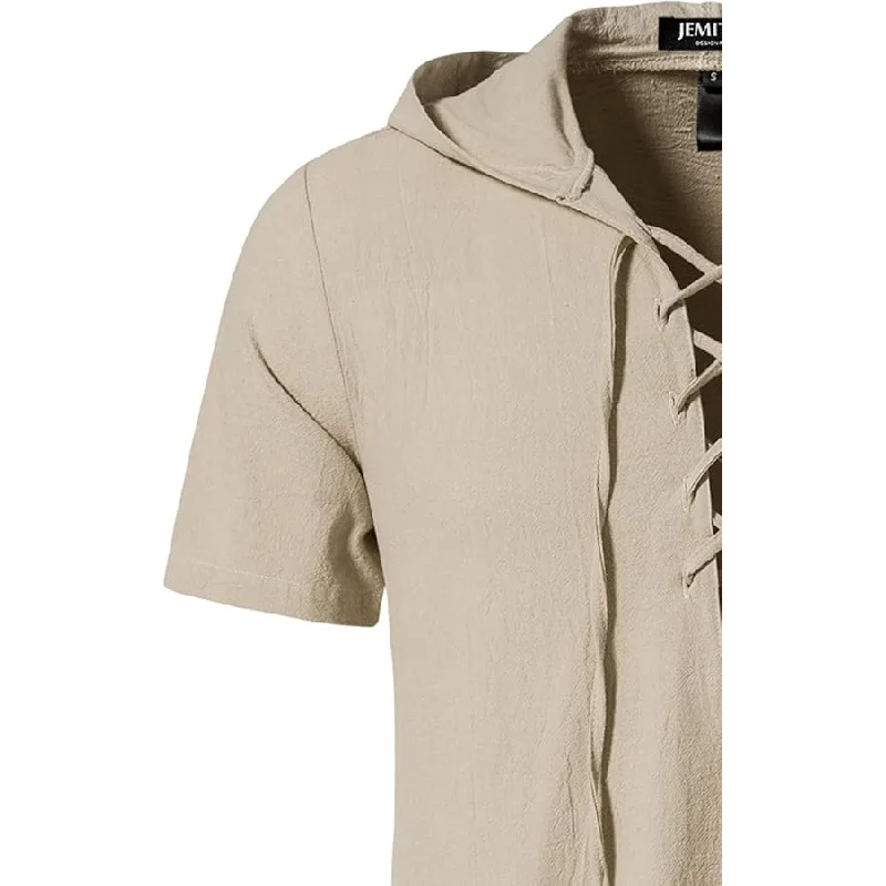 Men's Cotton Vintage Hooded Design Short Sleeve Lace up Shirts for Renaissance Pirate Viking Medieval Costume