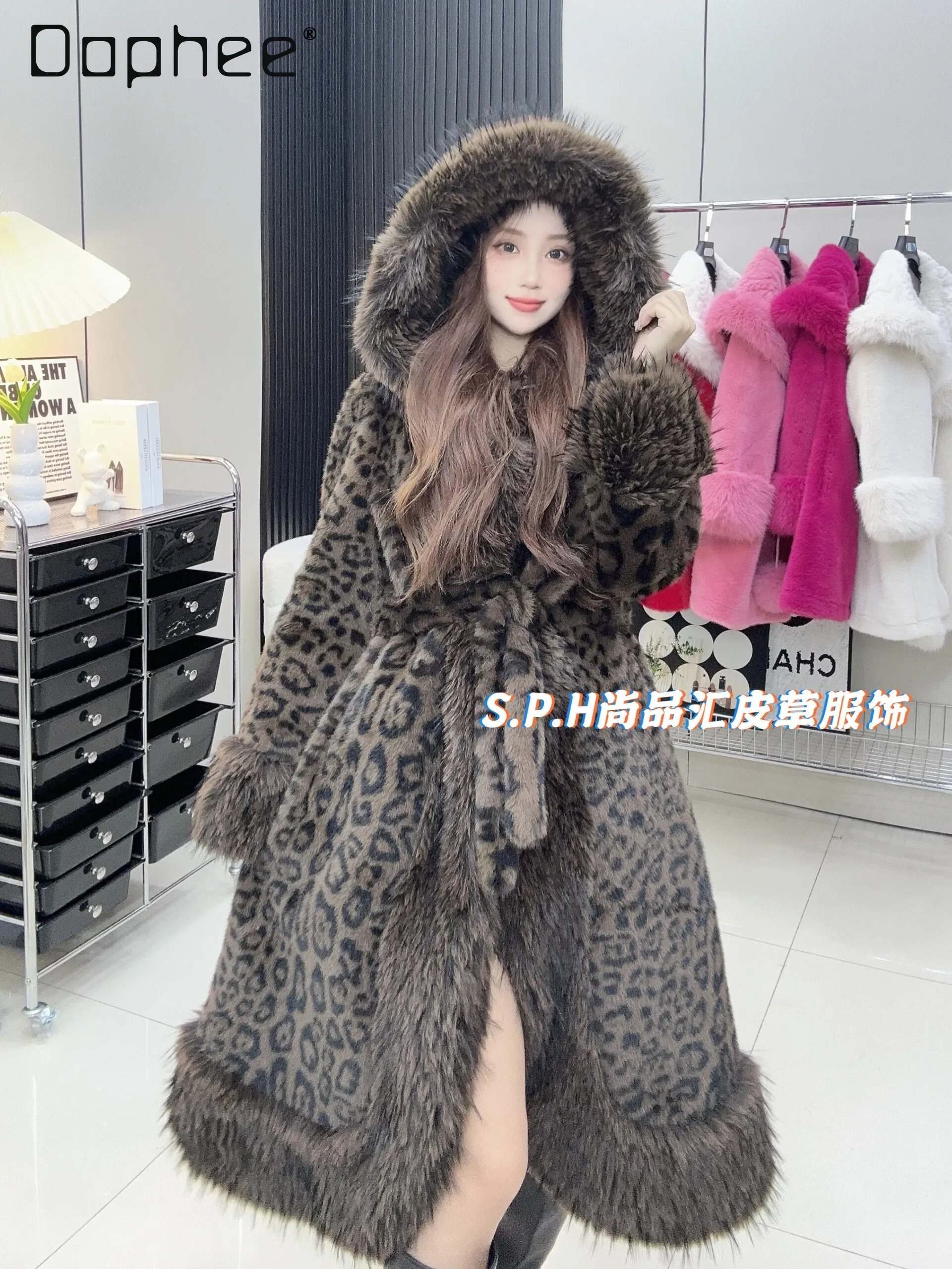 Hooded Warm Long Jacket Female 2024 Winter New Extravagant Environmentally Friendly Hairy Leopard Print Faux Fur Coat Women