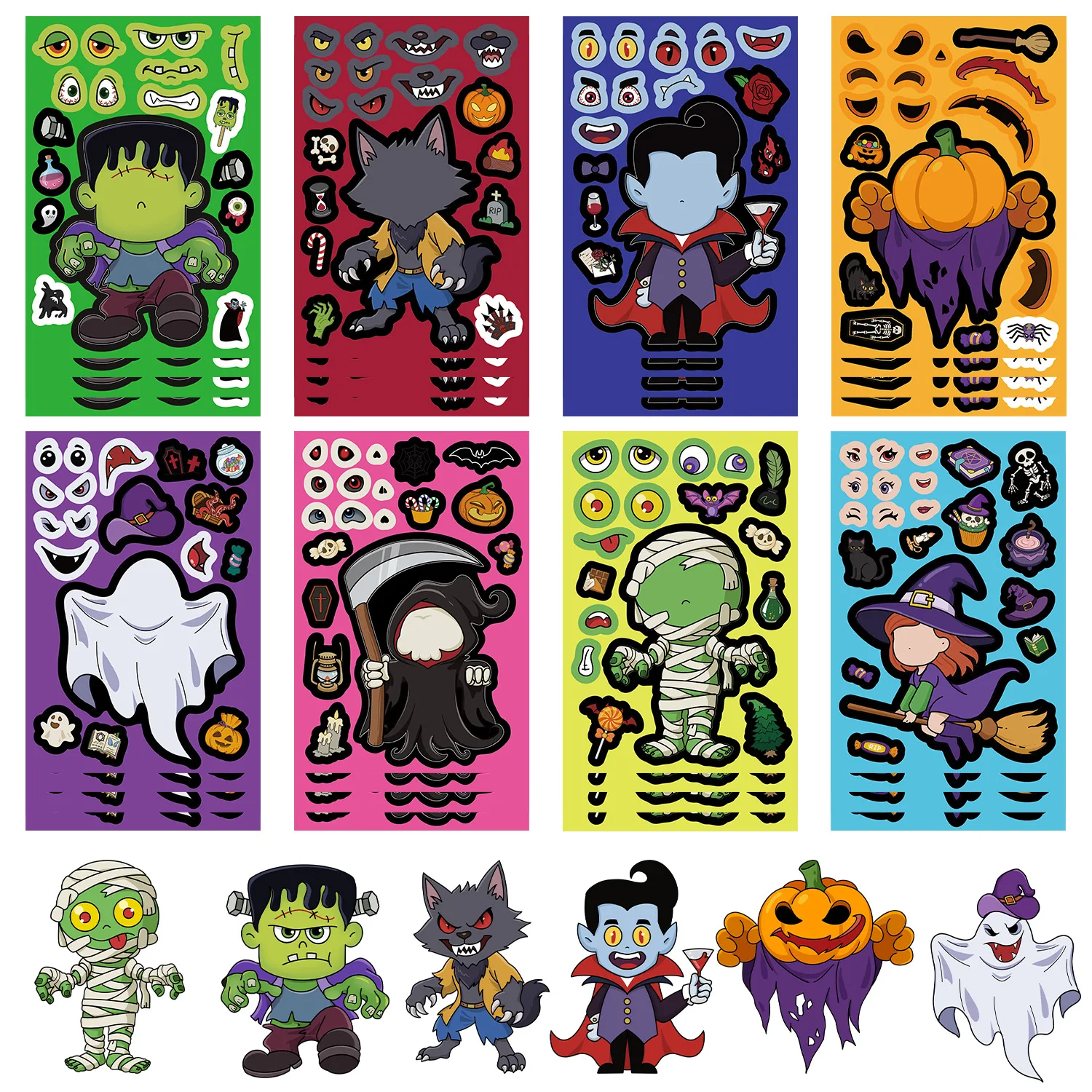 8 Blatt Halloween Make a Face Puzzle PVC Aufkleber Spielzeug DIY Kürbis Geist Montieren Puzzle Lernspiel Kinder Partybevorzugungen Geschenke