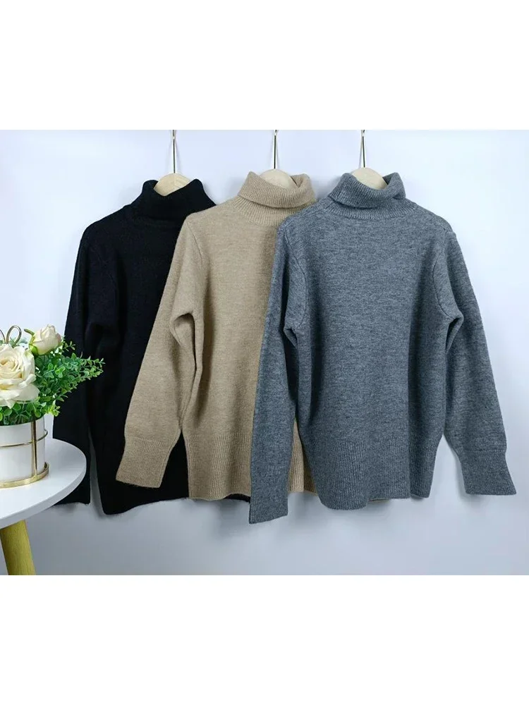 Korean Fashion Women\'s Turtleneck Sweater Solid Color Simple Casual Women Pulovers Autumn Winter Loose Black Long Sleeve Top