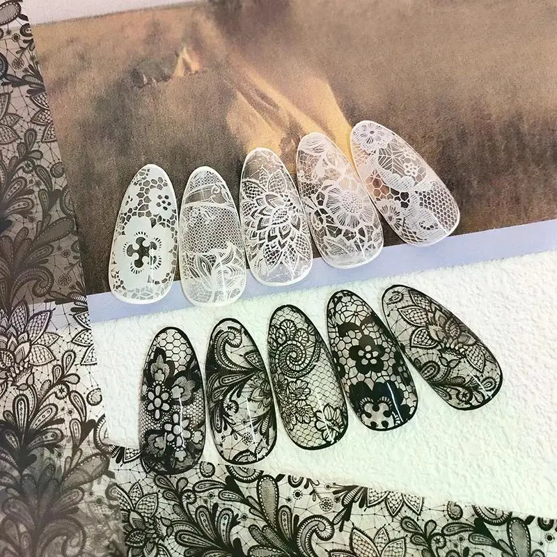 

10 Rolls/Box White Black Nail Transfer Sticker Lace Nail Art Foils Set Paper DIY Manicure Nail Decoration Accessories