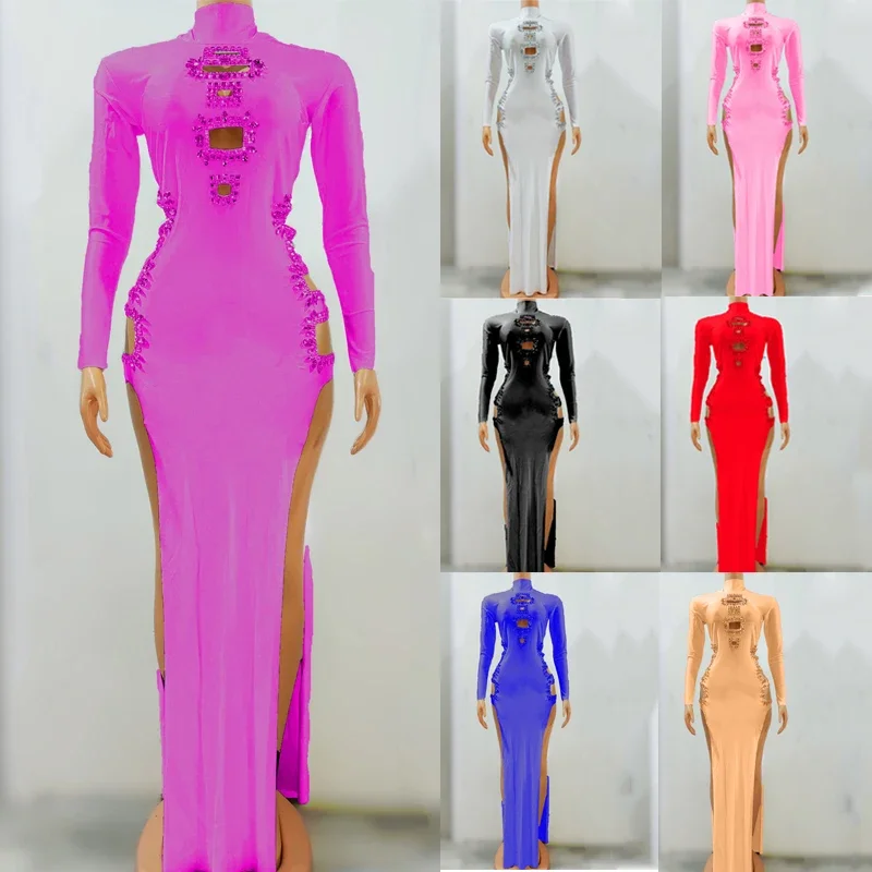 7 farben Lange Ärmel Strass Schlitz Kleid Frauen Ausschnitt Party Tanz Kleid Feiern Kostüm Bühne Festival Outfit XS6444