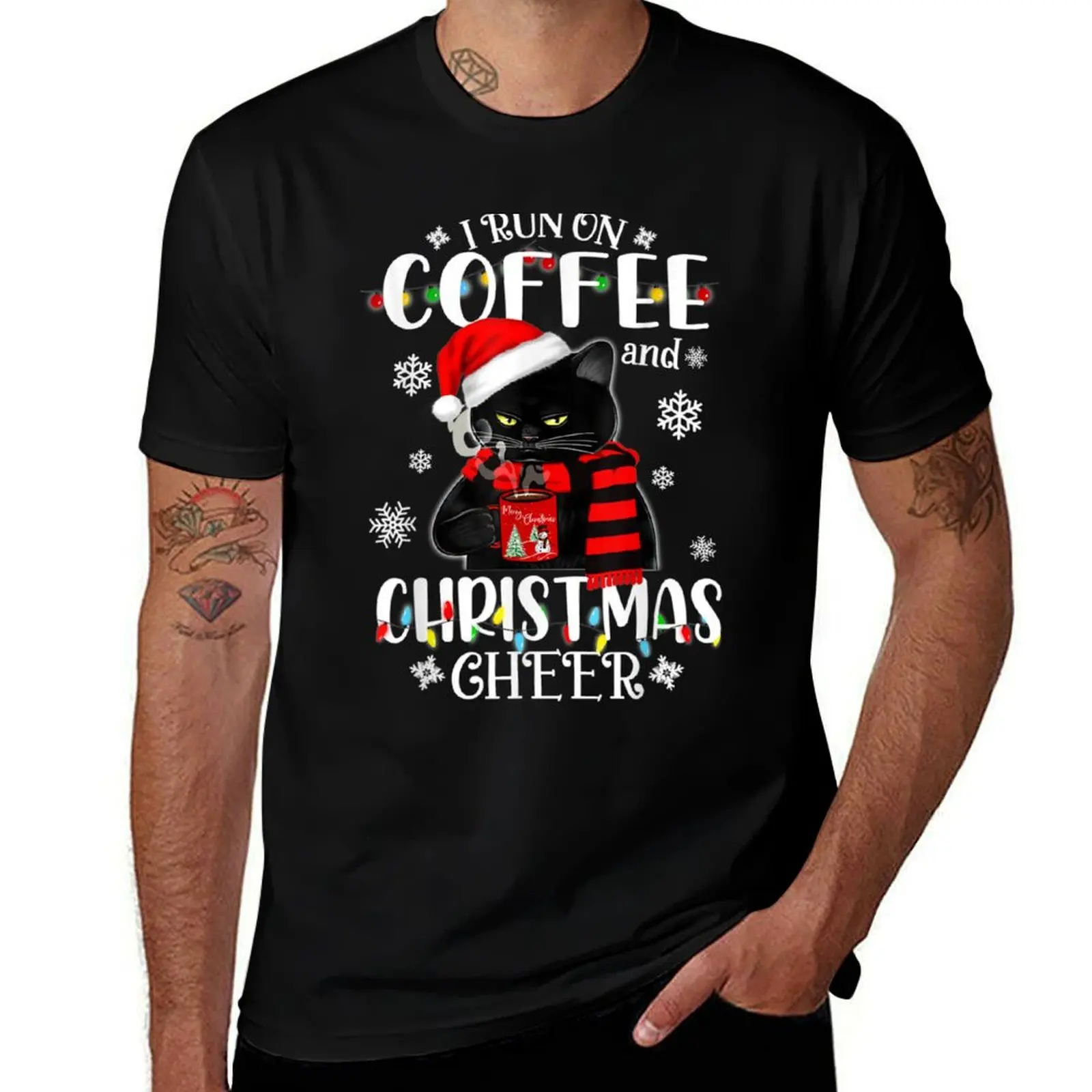 I run on coffee and Christmas cheer Funny idea gift for cat kitty kitten and coffee lovers mornings T-Shirt