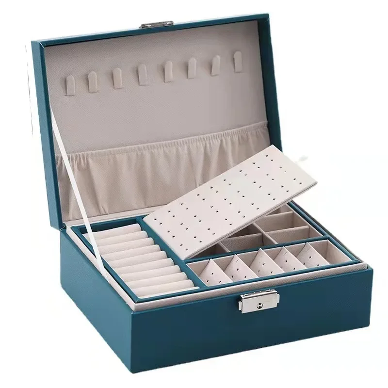 New double-layer wooden jewelry box with lock, earrings, earrings, storage box.
