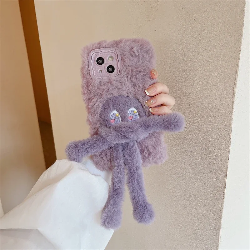 3D Cute Octopus Warm Winter Plush Soft Phone Case for Huawei P40 P50 P60 Pro Pura 70 Pro Fluff Toy Camera Protect Cover Cases