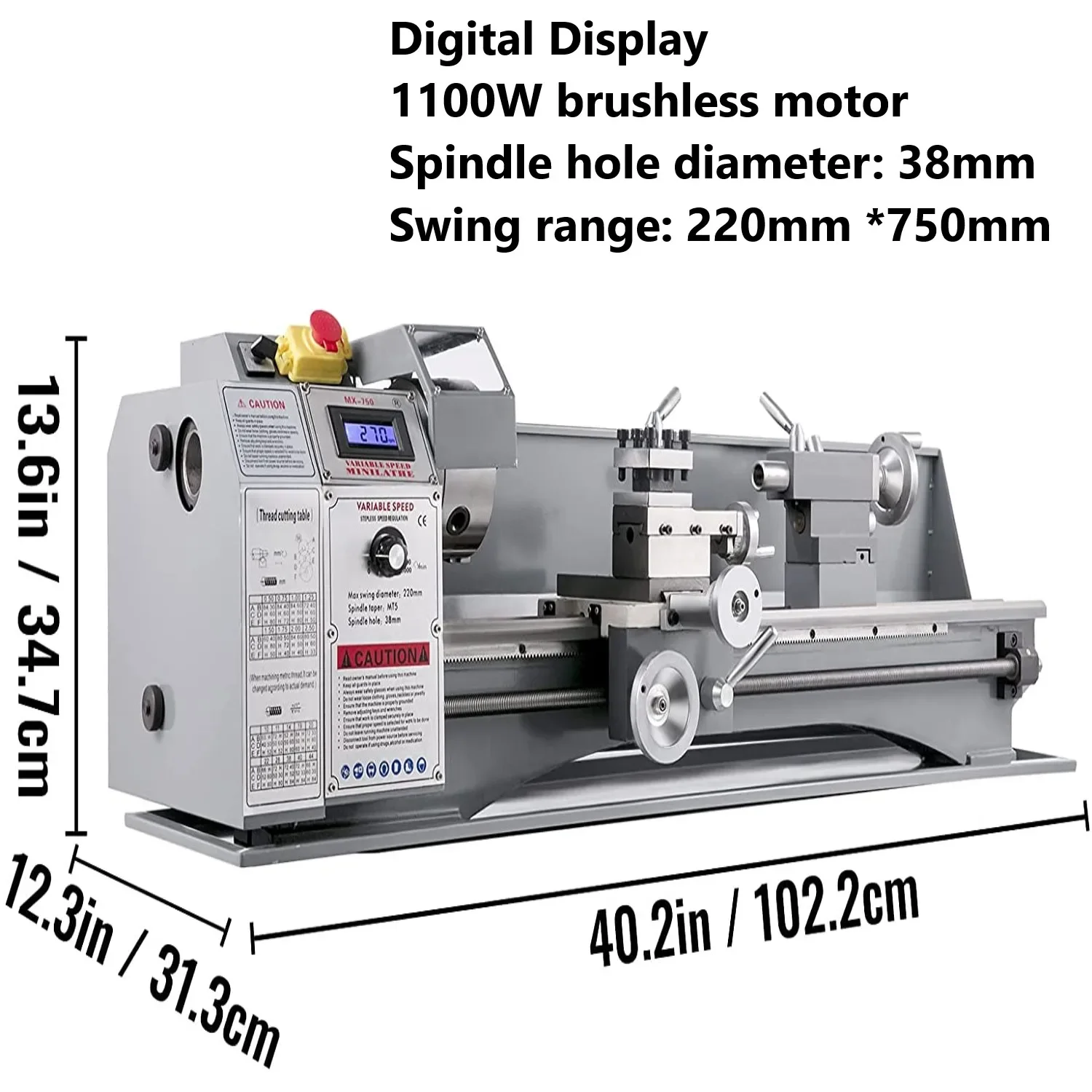 Silnik bezszczotkowy Tokarka metalowa 1100 W Mini tokarka 220 x 750 MM 50-2250 obr./min (8,7 x 29,5 cala) Wrzeciono przelotowe 38 mm Wyświetlacz