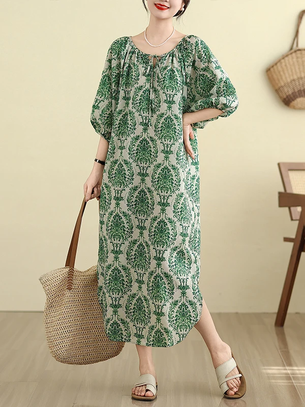 

Ele Artistic Women's Midi Dr with Bell Sves And Bow Detail plus Size Floral Print Summer New Arrival Gown