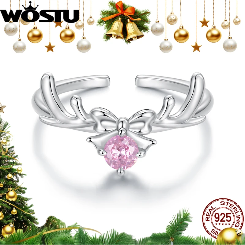 

WOSTU 925 Sterling Silver Pink Crystal Christmas Reindeer Ring with Bow​ For Women, Sweet Xmas Jewelry Gift Stackable Rings
