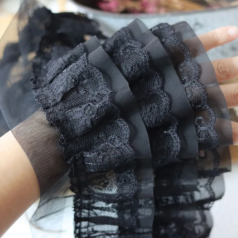 12CM Wide White Black Three Layers 3D Pleated Mesh Chiffon Fabric Embroidered Ruffle Trim DIY Dress Apparel Collar Sewing Decor