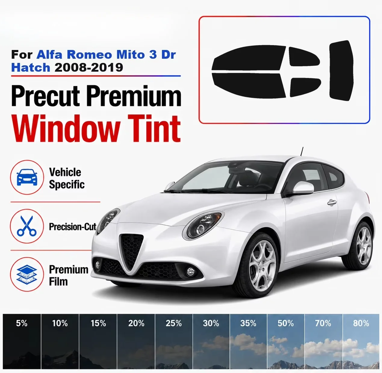 Premium Precut Window Tint Kit Front Rear Windows Rear Windshield For Alfa Romeo Mito 3 Dr Hatch 2008-2019 Nano Ceramic Film