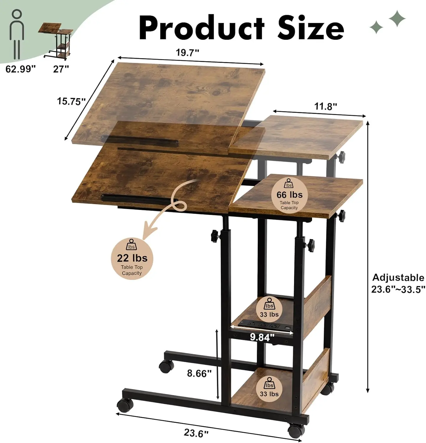 Table with Charging Station, Tiltable Desk C Shaped End Table for Couch, Over Bed Table with Wheels Adjust