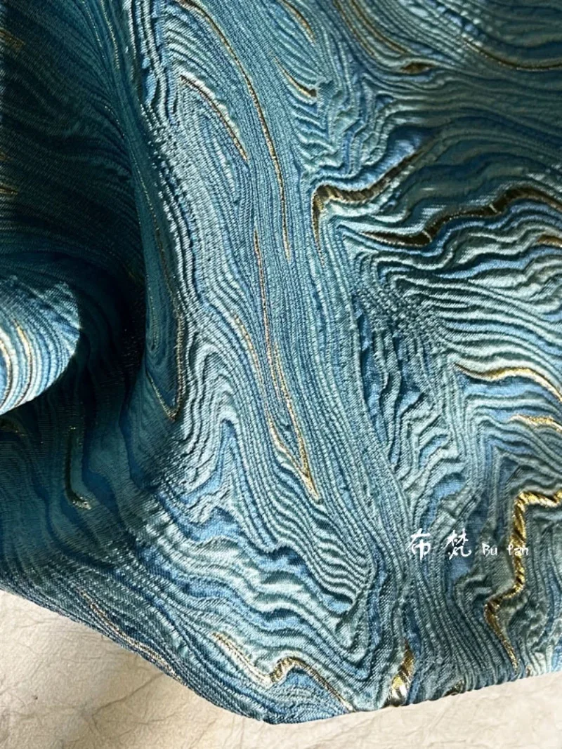 Three-dimensional Blue Mountain Spring Ocean Texture Double-sided Jacquard Flash Glossy Fabric Creative Coat Clothing Fabrics