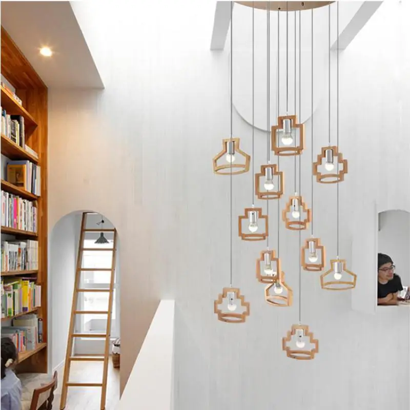 Nordic Solid Wood LED Stair Lamp Long Pendant Lights Duplex Building Villa Rotating Stair Chinese Log Stair Hanging Lamp