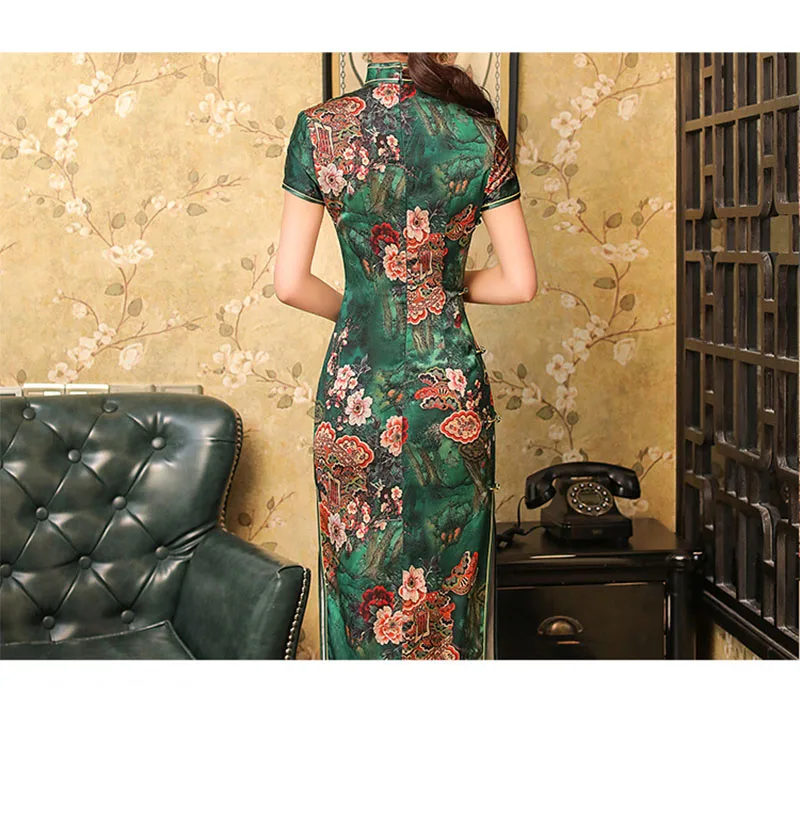 7 Colors Green Silk Cheongsam Summer Vintage Lined Dress Plus Size Party Wedding Costumes Floral Elegant Qipao M To 4XL