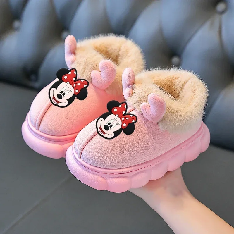 Zapatos de algodón de Minnie Mouse de Disney para niños, zapatillas cálidas de dibujos animados para el hogar para niñas, zapatos de lana bonitos para bebés