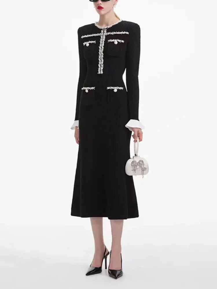 

Woman clothing y2k spring and summer webbing beaded edge round neck fishtail dress long sleeve knit Dresses2025new Party dresses
