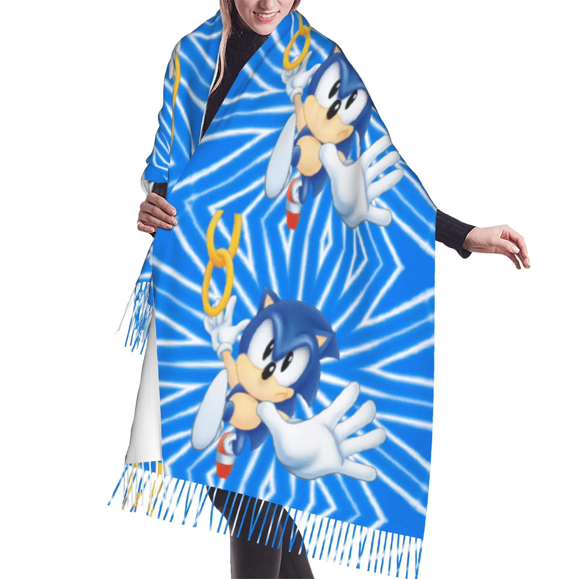 Custom Female Long S-Soniced Cartoon Scarves Women Winter Fall Soft Warm Tassel Shawl Wrap Video Game Scarf