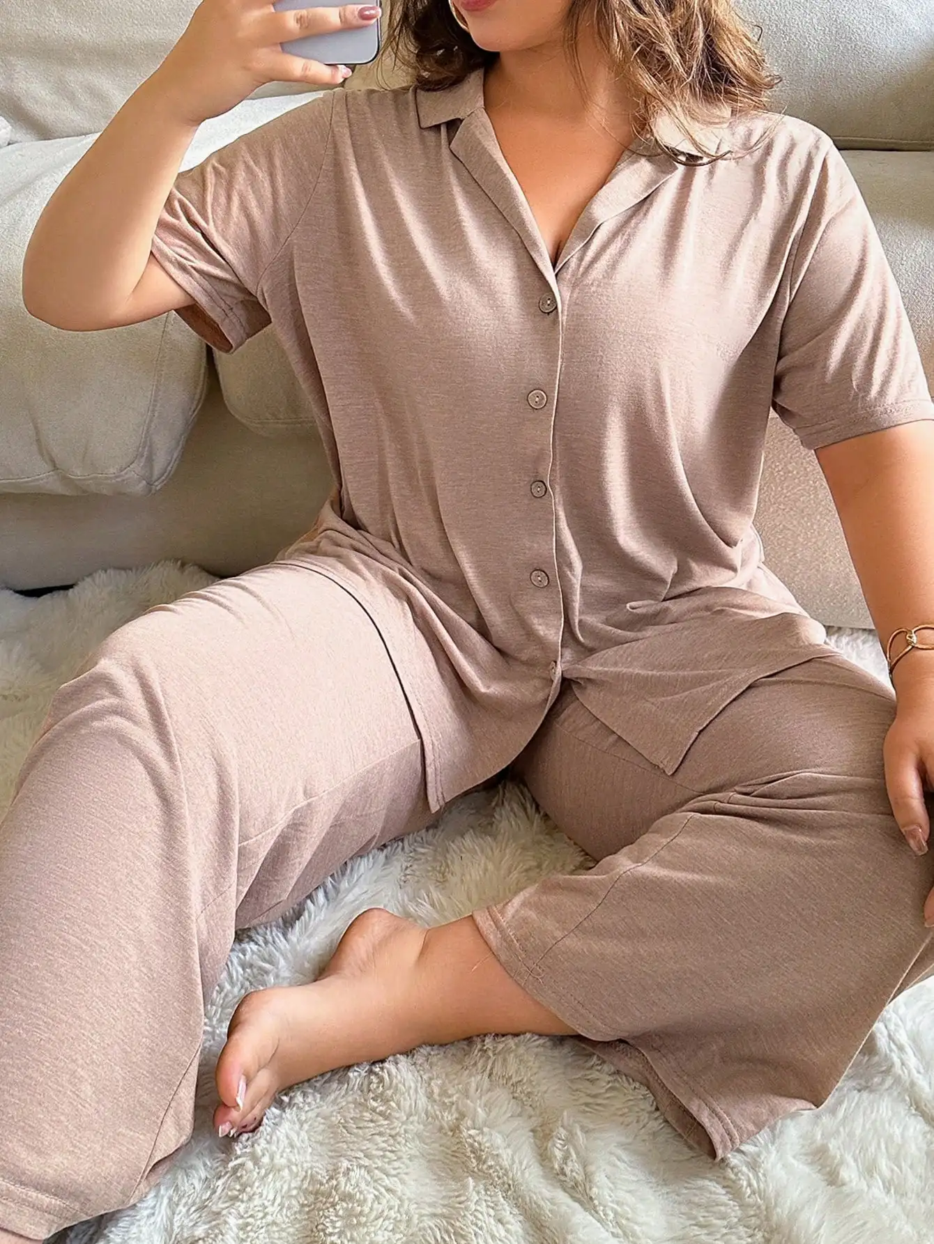 

Plus Size Women's Soft Button-Down Pajama Set in Solid Beige, Loose Fit Comfort Lounge Wear