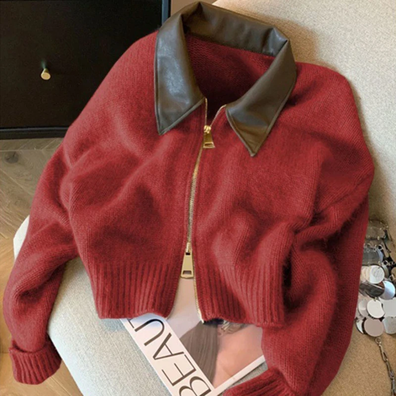 Epligg Spliced Leather Collar Knit Sweater Fashion Double Zipper Cardigan Women\'s Autumn/Winter Soft Vintage New Long Sleeve