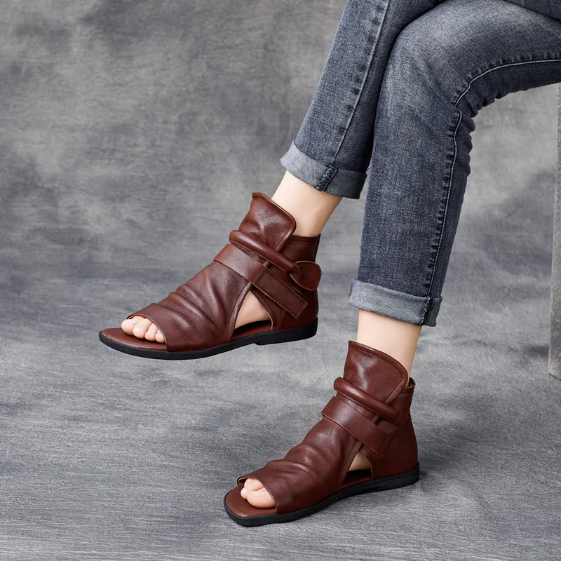 2023 Summer Genuine Leather Cool Boots Women\'s Vintage Flat Bottom Sandals Women\'s Topcoat Cowhide Open Toe Zipper Thick Sole Ro