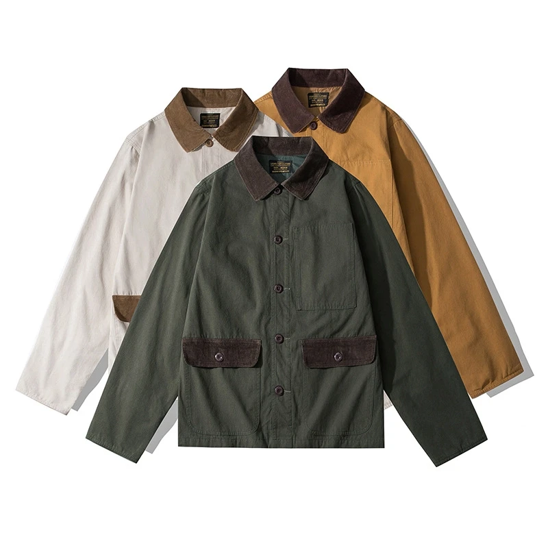 

2025 Autumn and Winter New American Retro Corduroy Collar Canvas Cargo Jacket Men's Simple Outdoor 100% Cotton Wahed Casual Coat