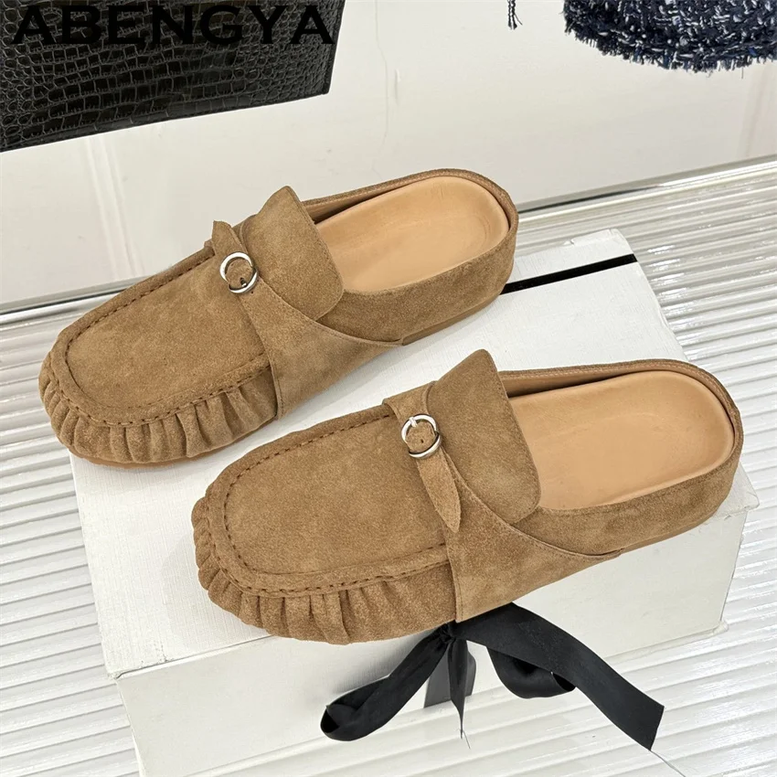 

Женские замшевые мюли с круглым носком на низком каблуке, повседневные, модные, весна-лето, лоферы